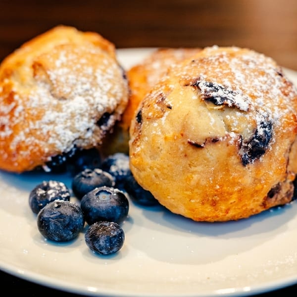 Two blueberry muffins dusted with powdered sugar, alongside fresh blueberries on a white plate.