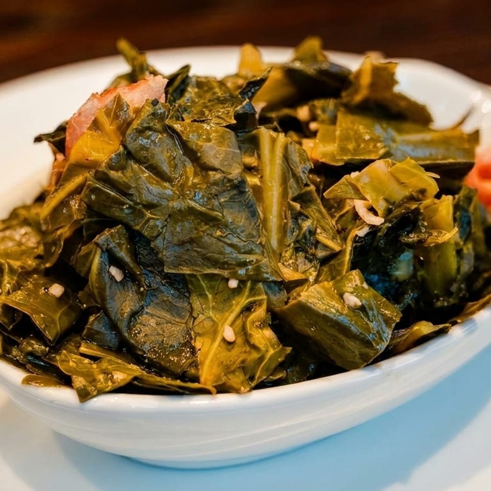 A white bowl filled with dark green collard greens and bits of red ham on a white plate.